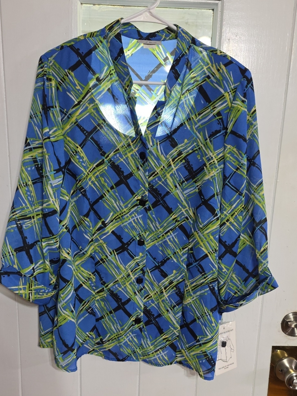 NWT Coral Bay Plus Women's Faux 2 Pc Blouse Black/Blue Lightweight Buttons Sz 2X